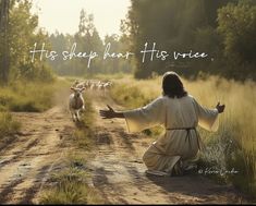 a person kneeling down in the middle of a dirt road with sheep on either side