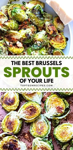 brussel sprouts with text overlay the best brussels sprouts of your life