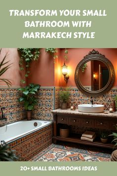 the bathroom is decorated with colorful tiles and plants