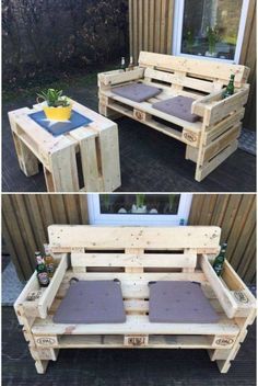 pallet furniture made out of wooden pallets with cushions on top and bottom, sitting outside