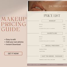 makeup artist, princing guide, bridal makeup, professional makeup artist, wedding makeup specialist, beauty studio owner, price list, editable wedding price list, price template, small business printable, customizable price template, hair price sheet, hair styling price guide Makeup Artist Price List Template, Makeup Artist Price List, Wedding Price List, Makeup Price List, Rate Card, Artist Wedding, Uk Makeup, Makeup Prices