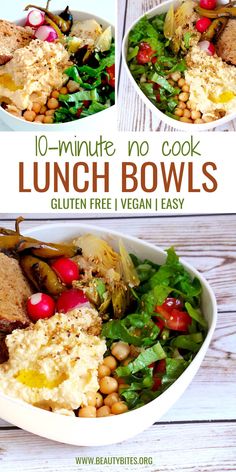 two bowls filled with different types of food and the words 10 minute no cook lunch bowls gluten free vegan easy