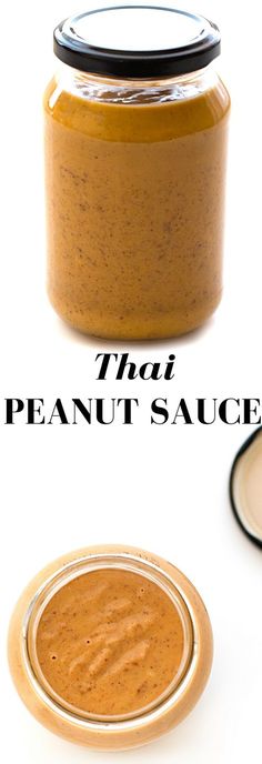 the peanut sauce is in a glass jar and next to it's lid on a white background