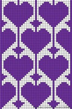 a cross stitch pattern in purple and white, with hearts on the side that have been made from squares