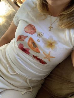 Seashell Vintage Watercolor Collage Tee, Euro Girl Summer Tshirt, Coastal Grandma Tee, Seashell Summer Shirt, Beach Girl Shirt, Y2k Baby Tee by SugarFaceGoods on Etsy