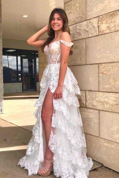 Prom Dress A Line Lace Sweetheart Tiered Long with Slit Lace Prom Gown, Formal Dresses Graduation, Formal Prom Dresses Long, Spaghetti Strap Prom Dress