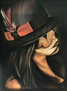 a painting of a woman wearing a black hat with feathers on her face and long hair