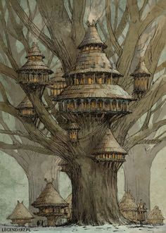 a drawing of a tree house in the middle of a forest with lots of trees