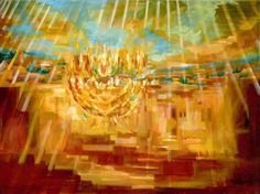 an abstract painting of a chandelier in the middle of a room with sunlight coming through