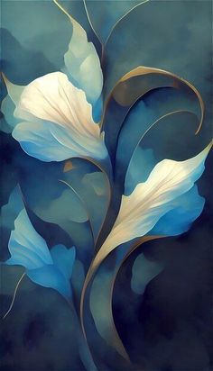 a painting of blue and white flowers on a black background