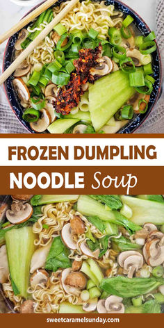 Soup with dumplings and noodles in blue bowl. There is text written between 2 images. Soup With Frozen Dumplings, Chinese Noodle Soup Recipes Easy, Frozen Potsticker Soup, Dumpling And Noodle Soup, Easy Dumpling Soup With Ramen, Dumpling Noodles Recipe, Ramen And Dumpling Soup, Dumpling Noodle Soup Recipe, Dumpling Ramen Soup