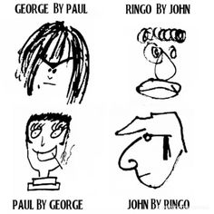 four different faces drawn in black and white with the words george by paul, rhino by john