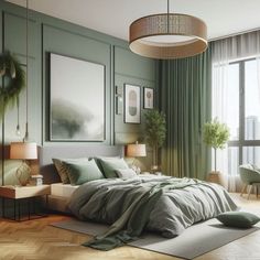 a bedroom with green walls and wooden flooring is pictured in this image, there are two lamps on either side of the bed