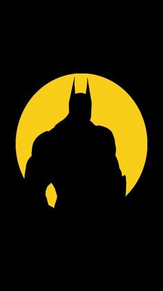 the batman logo is shown in front of a yellow and black background with an orange moon