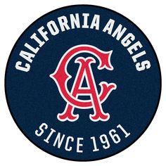 the los angeles angels logo is shown in blue and red on a round rug that says,