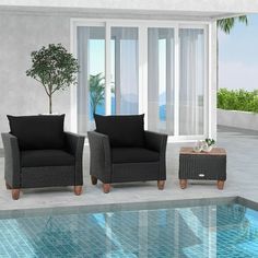 two wicker chairs sitting next to a swimming pool in front of a large window