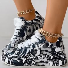 Black Fashion Casual Bandage Graffiti Round Comfortable Out Door Shoes Round Shoes, Graffiti Shoes, Door Shoes, Band Shoes, Basket Style, Fresh Sneakers, Shoe Tags, Chic Type, Casual Sportswear