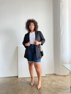 The Plus Size Lightweight Open Blazer will take your workwear as well as your street style to the next level. Wear this simple piece with a button-down shirt for a sleek workplace outfit, or wear it over some bike shorts for a trendy street-style look. This blazer features a long length, an open front, and decorative pockets on the front. The material is an unlined, non-stretchy woven. This blazer is made from 97% polyester and 3% spandex. Hand wash cold. Imported. Model is wearing a size 1XL. Open Blazer, Satin Blazer, Trendy Street Style, Street Style Looks, Black Blazers, Bike Shorts, Long Length, Next Level, Work Wear