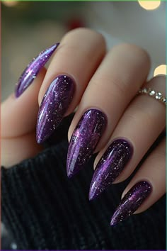 Acrylic Nails In Purple, Purple Nye Nails, Black And Purple Sparkle Nails, Shimmer Purple Nails, Dark Purple Silver Nails, Nail Ideas Black And Purple, Unique Purple Nails, Dark Purple Sparkle Nails, Eggplant Purple Nails