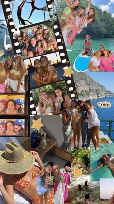 the collage shows many different pictures and people in swimsuits, with one woman holding