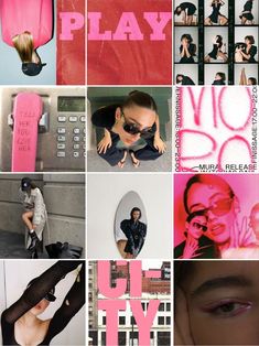 the collage has pink and black images on it, including pictures of people in different colors