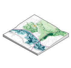 a drawing of a map with trees and water in the middle, on top of a white