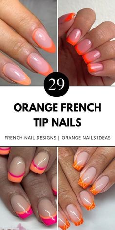 Looking to add sparkle? Combine red, glitter, or brown hues with your orange French tips. Perfect for short and acrylic styles. Save for your next mani! Neon Orange French Tips, Orange French Tips, French Tips With Glitter, Orange French Tip, French Tip Nail Ideas, Glitter French Tips, Orange Nail Designs, French Tip Design, Orange Nail