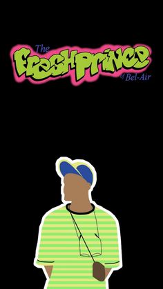 the fresh prince is standing in front of a black background with green and pink stripes