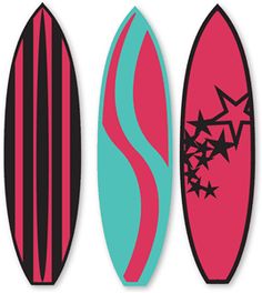 three surfboards with different designs on them, one pink and one blue are shown