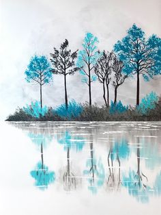 a painting of blue trees reflecting in the water