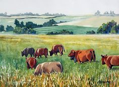 a painting of cows grazing in a field