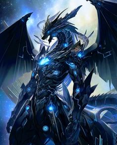 a dragon that is standing in the air with its wings spread out and glowing blue