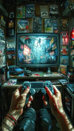 two hands holding game controllers in front of a tv with video games on the wall