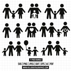 the silhouettes of people holding hands and holding balloons are shown in black on a white background