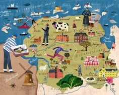 an illustrated map of germany with people, animals and other things on it's side