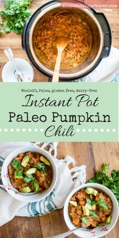 instant pot paleo pumpkin chili recipe in two bowls with spoons and parsley on the side