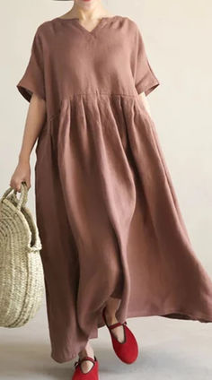 Coffee Loose Style Linen Dresses, Summer long Women Dresses ,Short Sleeve Maxi Dress Casual Solid Color Linen Dress For Vacation, Beige Linen Dress Solid Color, Beige Linen Solid Color Dress, Casual Linen Solid Color Dress, Casual Linen Midi Dress In Solid Color, Casual Solid Color Pleated Maxi Dress, Casual Solid Pleated Maxi Dress, Casual Brown Linen Dress With Relaxed Fit, Casual Pleated Linen Dress For Summer