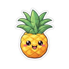 a cartoon pineapple sticker with a smiley face and green leaves on it's head