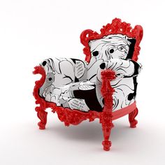 a red and white chair with an ornate design on it, sitting in front of a white background