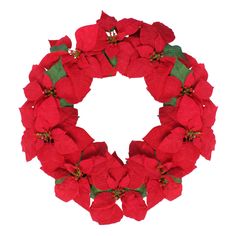 a wreath with red poinsettias and green leaves on a white background photo