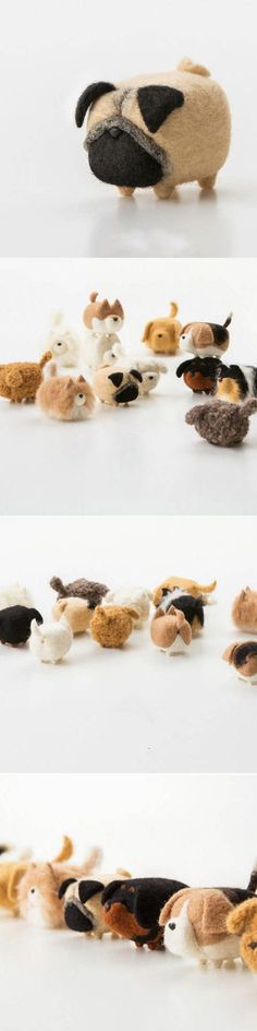 several small stuffed animals are lined up on the floor, and one is laying down