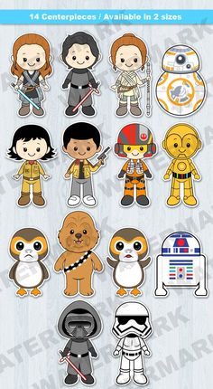 the star wars stickers are shown in various sizes and colors, including one for each character