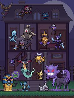 an image of some cartoon characters in front of a house with bats and witches on it