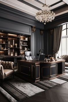 an elegant office with black walls and gold trimmings, leather chairs and desk