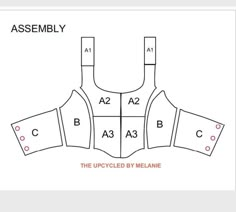 an assembly diagram showing the upper and lower parts of a sewing pattern, which includes three separate