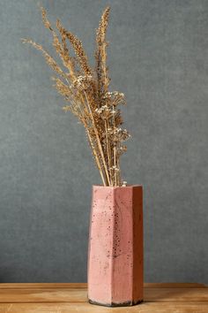 a plant in a pink vase sitting on a wooden table next to a gray wall