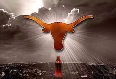 the texas longhorns logo is shown over a cityscape with clouds in the background