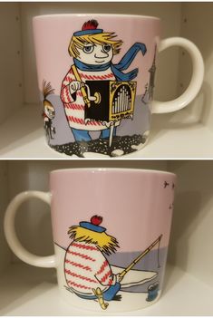 two coffee mugs with cartoon characters on them, one is pink and the other is blue