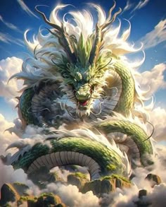 a green dragon sitting on top of a cloud covered mountain