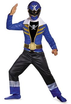 a person in a blue power ranger costume standing with his arms out and one hand up